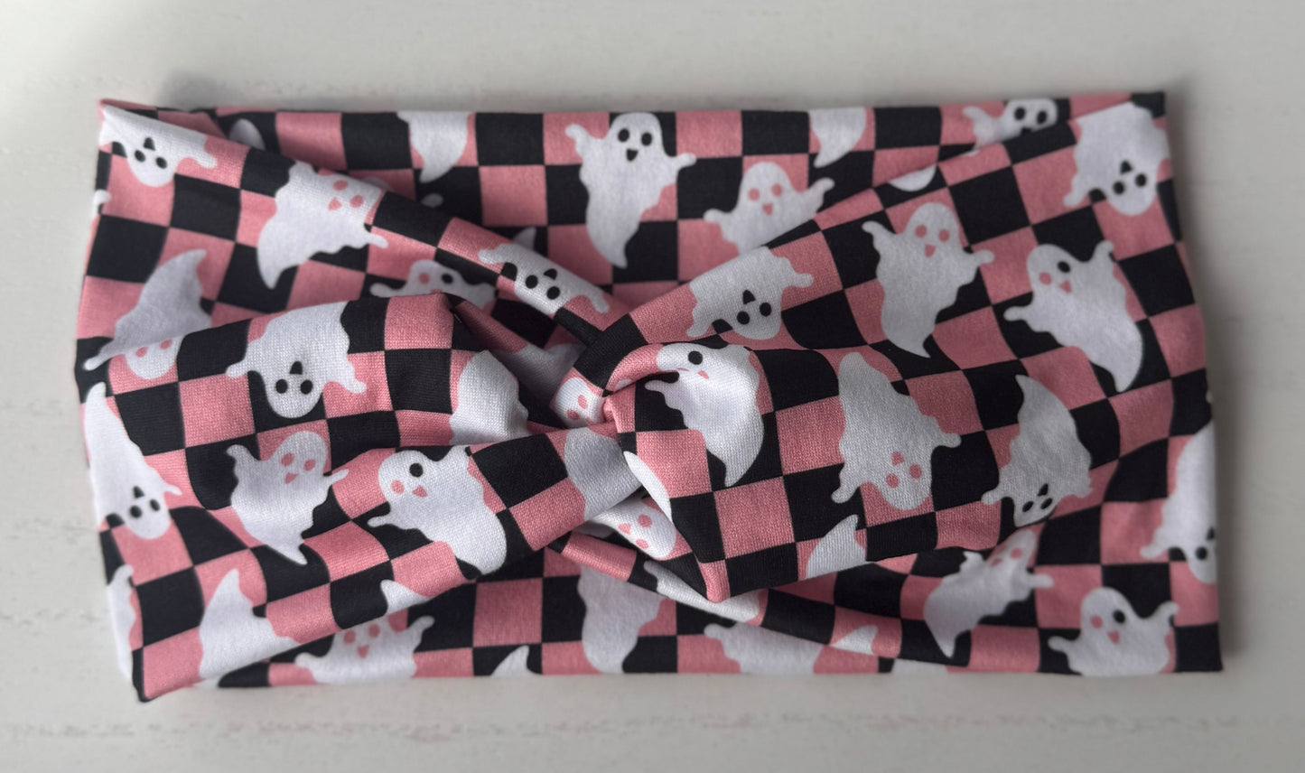 Pink Checkered Ghost Headband