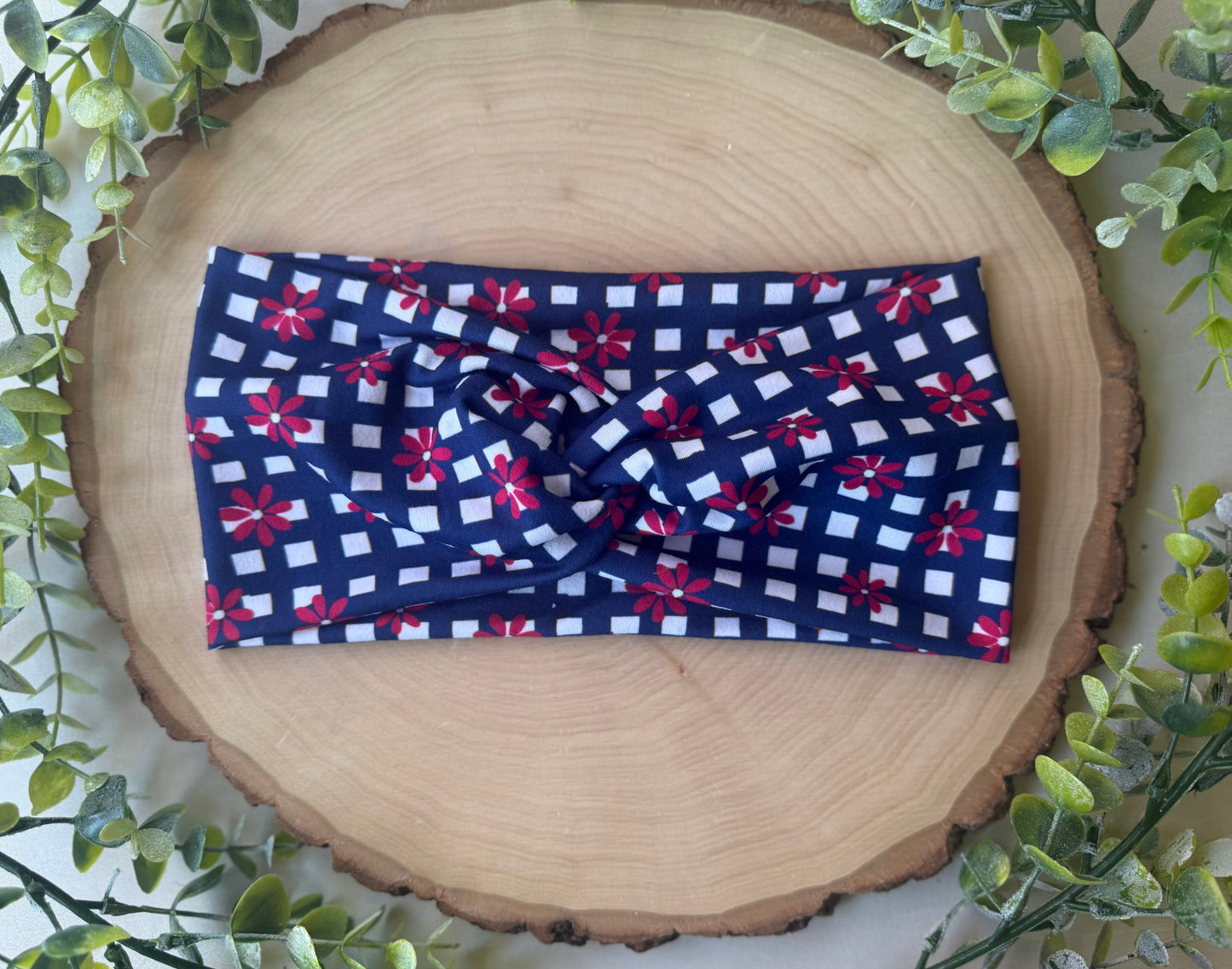 Red Flowers on Blue Plaid Headband