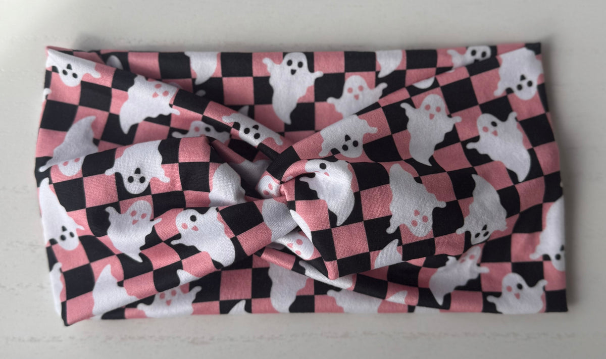 Pink Checkered Ghost Headband