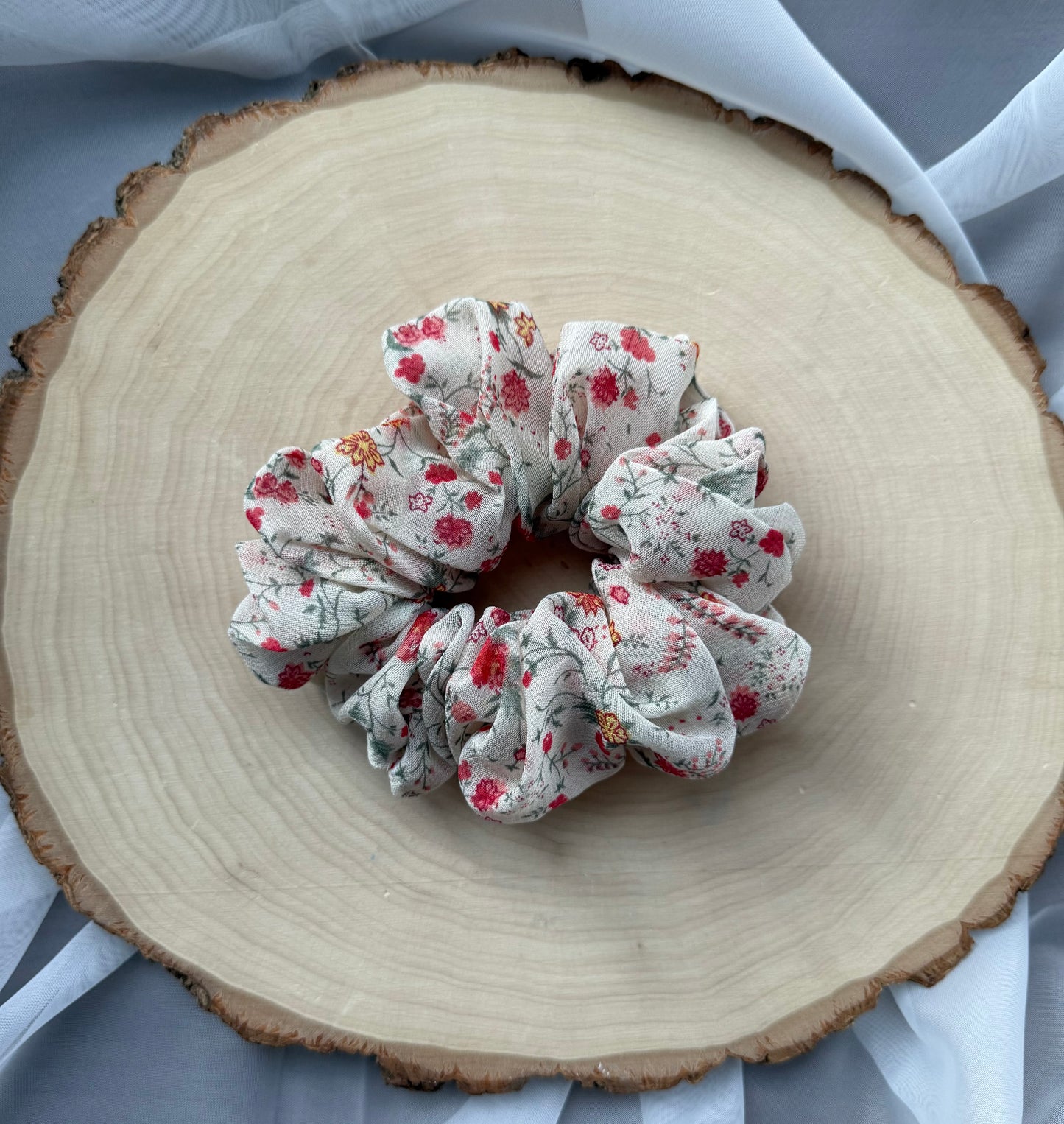 Rose Florals on White Scrunchie