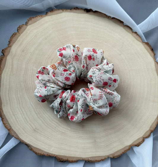 Rose Florals on White Scrunchie